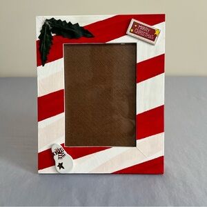 Holiday Striped Handmade Picture Frame with Christmas Accents